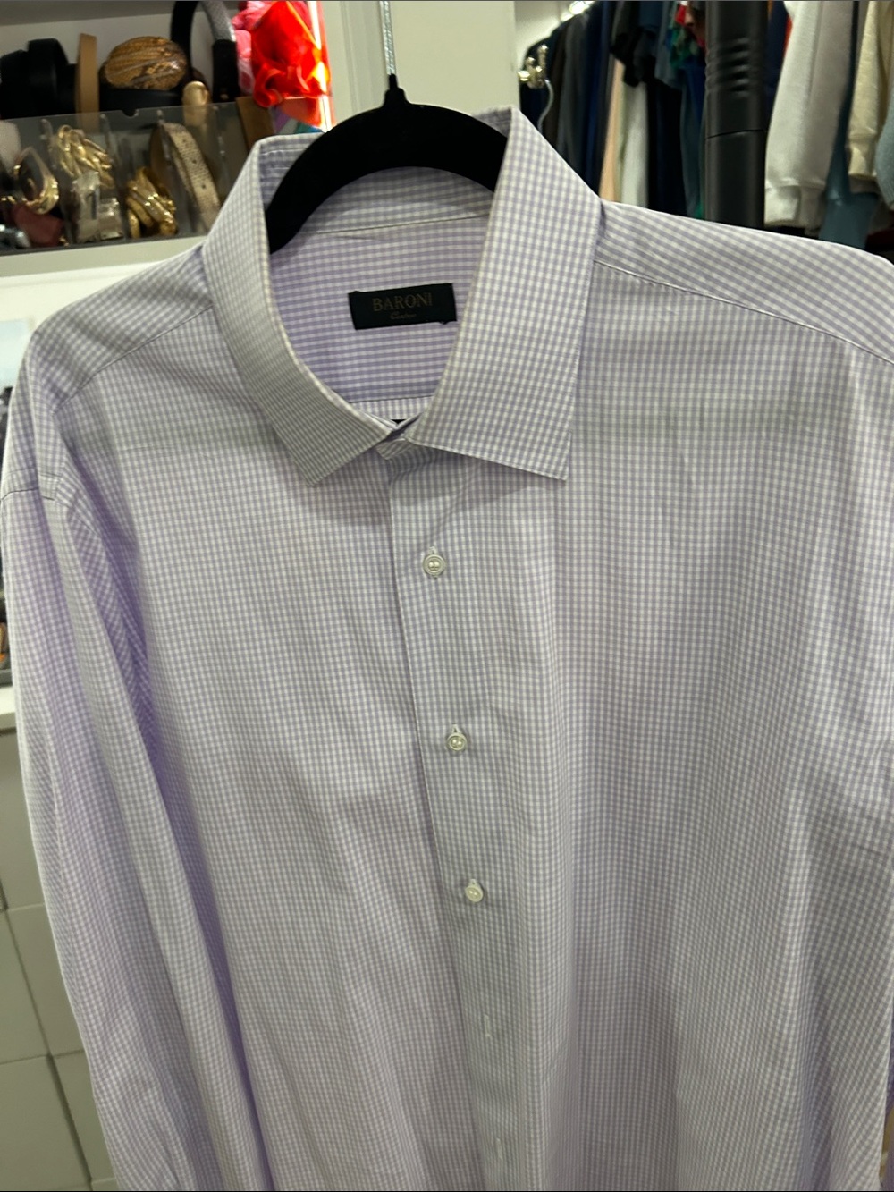 Baroni Men's Lavender Micro-Check Dress Shirt 17 Large